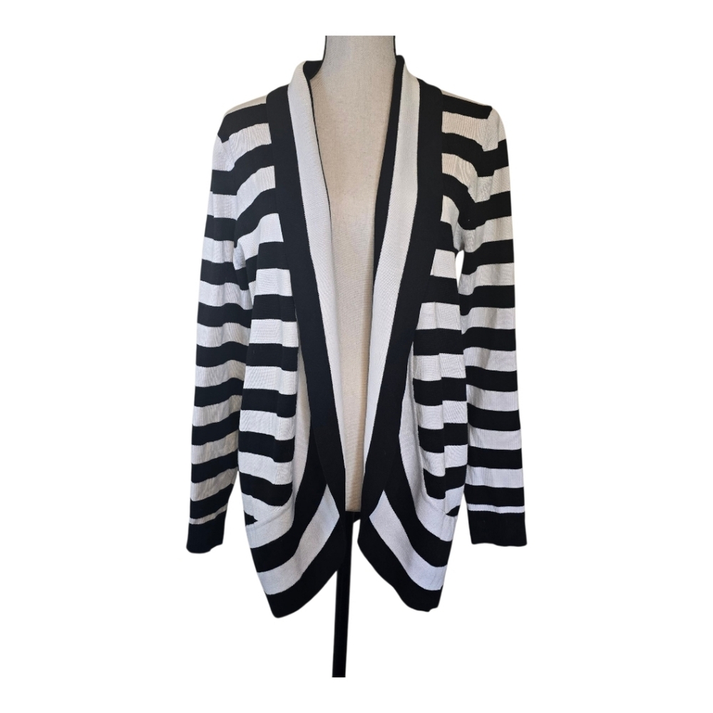 Pointelle Black & White Striped Cardigan Med Business Casual Coastal Office Cozy